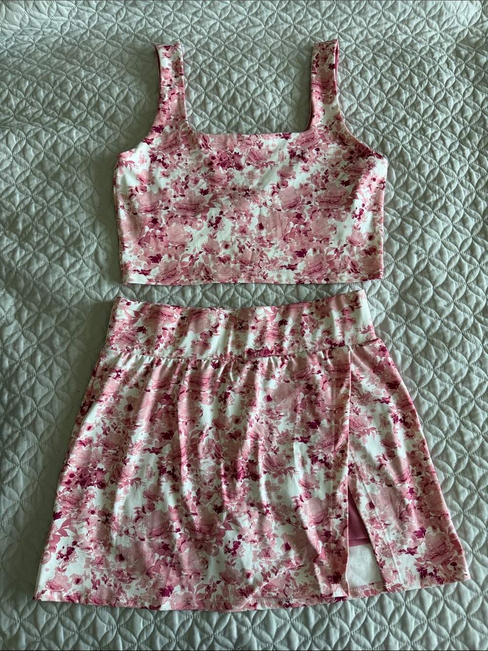 Shabby Chic White and Pink Floral Two-Piece Skirt Set
